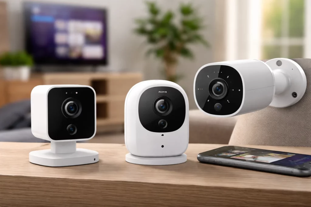 Roku indoor camera on a shelf showing that Roku cameras are rebranded Wyze cameras