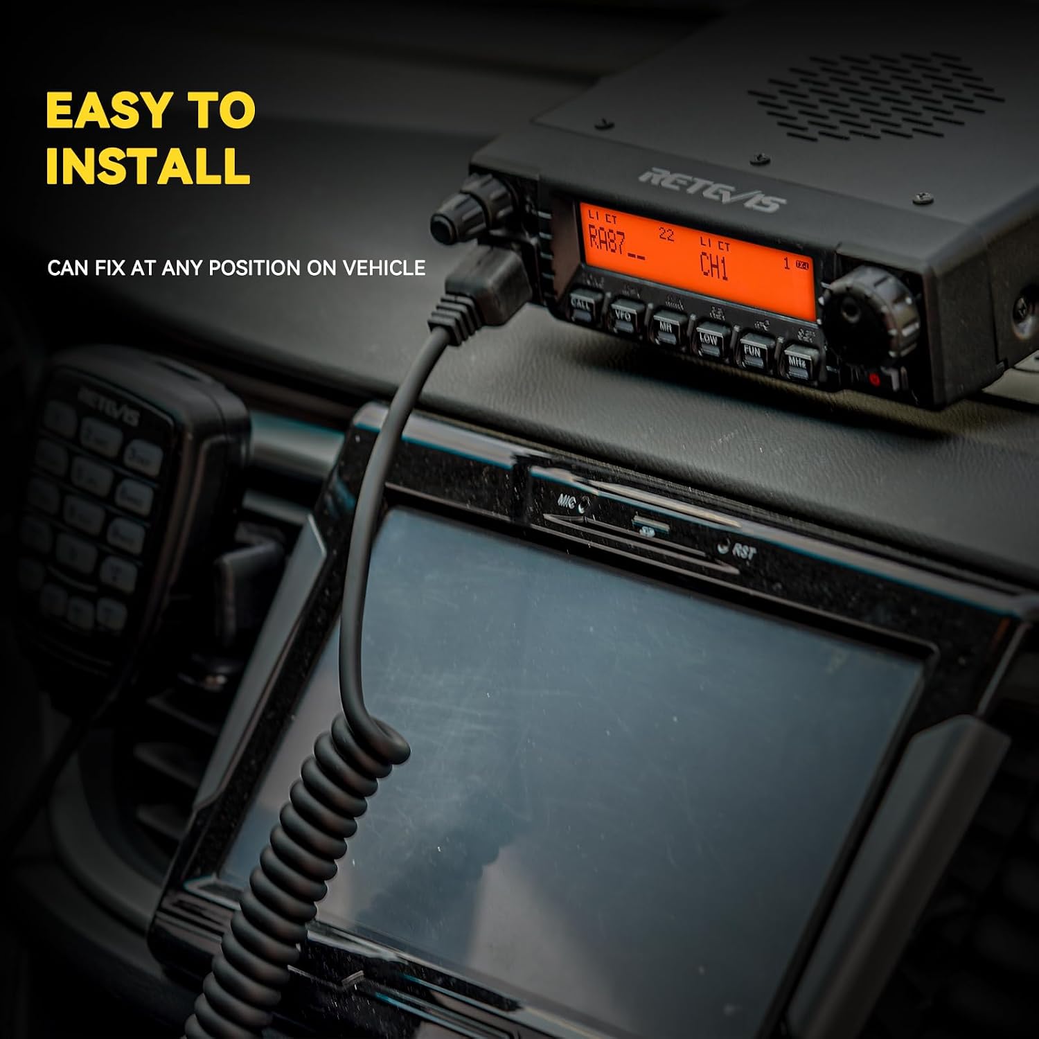 Retevis RA87 GMRS Mobile Radio 40W mounted in vehicle for car and home base station use