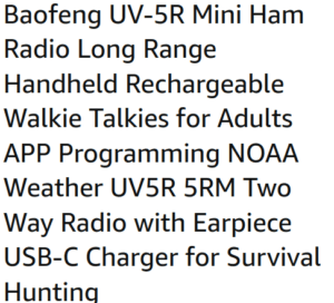 Screenshot of product listing title showing Baofeng UV-5R Mini Ham Radio Long Range Handheld Rechargeable Walkie Talkies for Adults