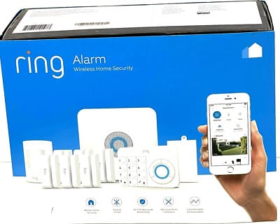 Ring Alarm Base Station and contact sensors showing Ring Alarm Z-Wave mesh network in modern home